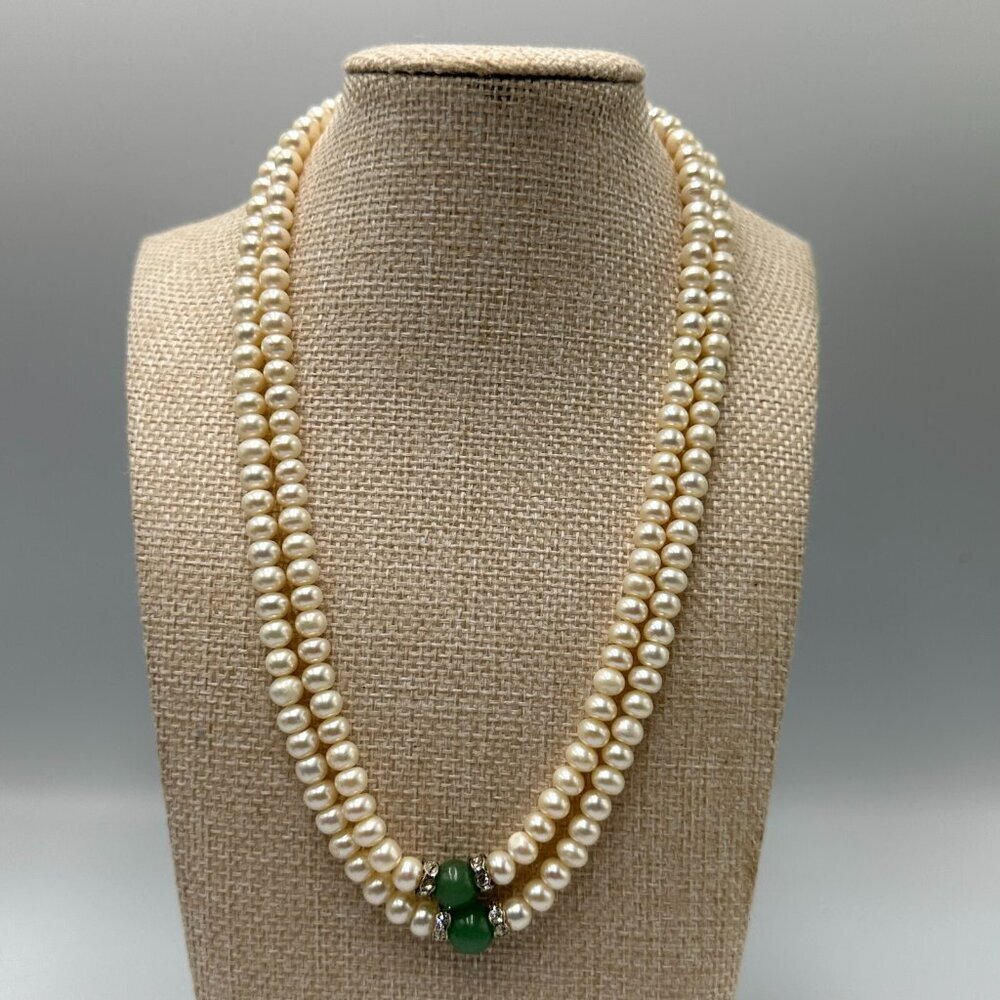 Vintage Faux Pearl Necklace 14/20 GF Clasp Double Strand Green Accent Bead 14.5"